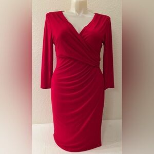 Ralph Lauren Dress 16 Ruched Surplice Wrap V-Neck Front 3/4 Sleeve Knit Jersey